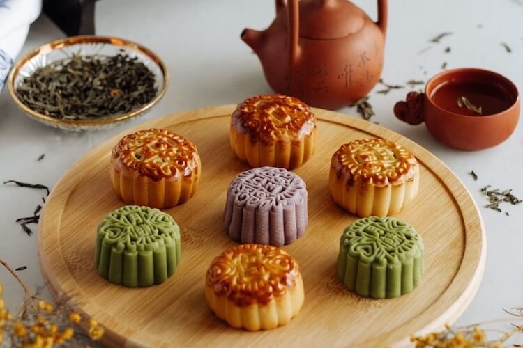 7 Moon cakes on a platter for Mid-Autumn Festival