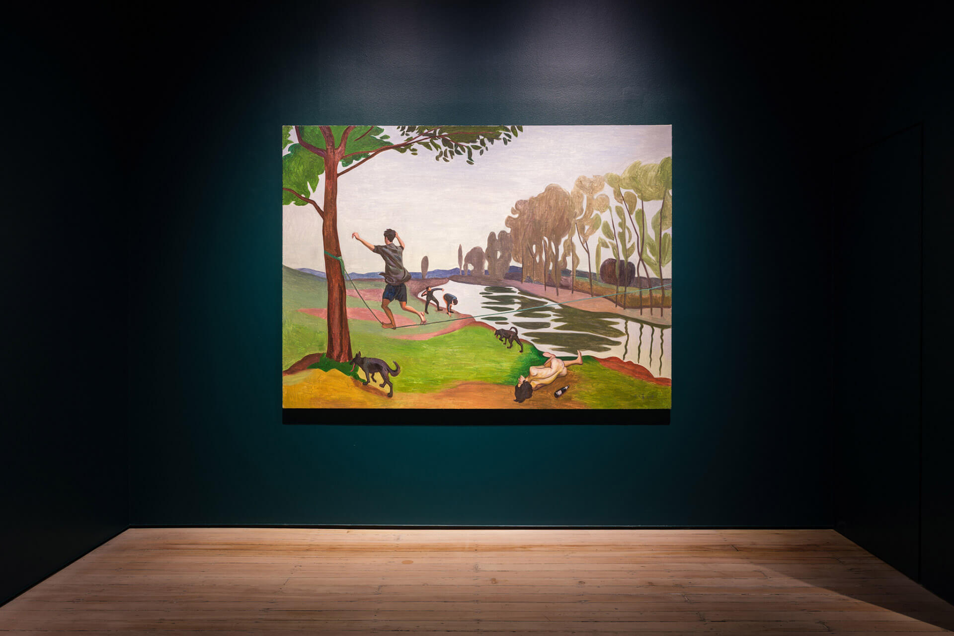 Large landscape painting Untitled Sweet-Dream by Qi Wenzhang showing pastoral scene with figures and animals by water