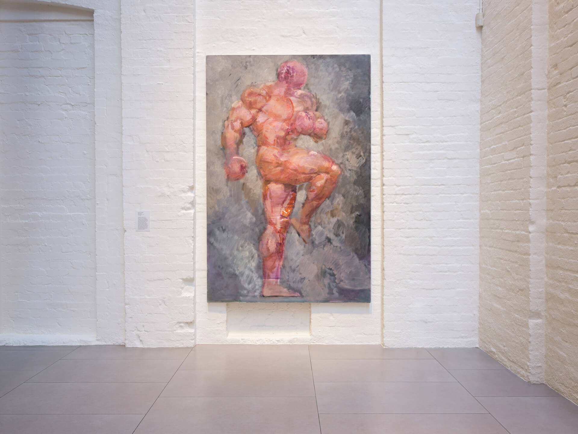 Contemporary painting by Shang-Liang titled "Boxing Man" showing pink and flesh-toned figurative forms displayed on white brick gallery wall