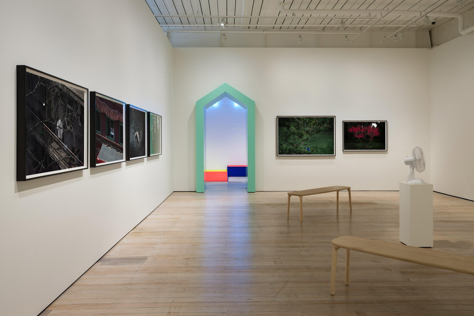 Complete gallery view showing mint green archway, photography series, sculptural elements and wooden bench seating