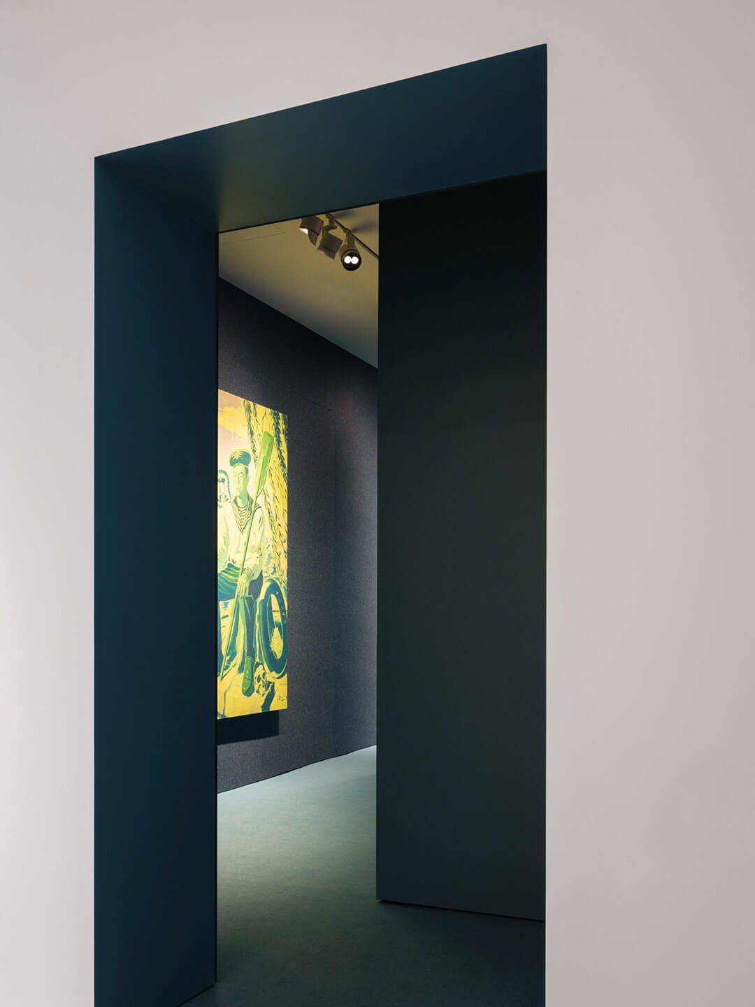 Gallery view showing Yang Shen's "Sailor and Monster" painting through dark teal archway at White Rabbit Gallery Tender Comrade exhibition