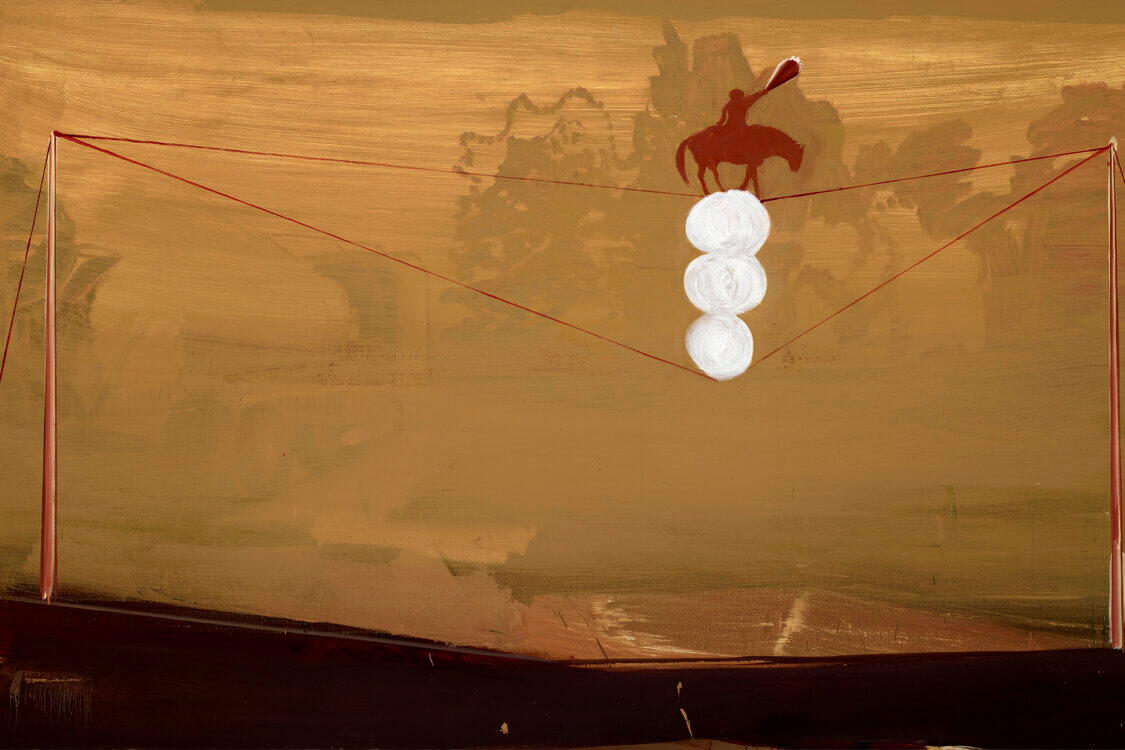 Oil painting of a figure on a horse, trekking out across a horizonless canvas.