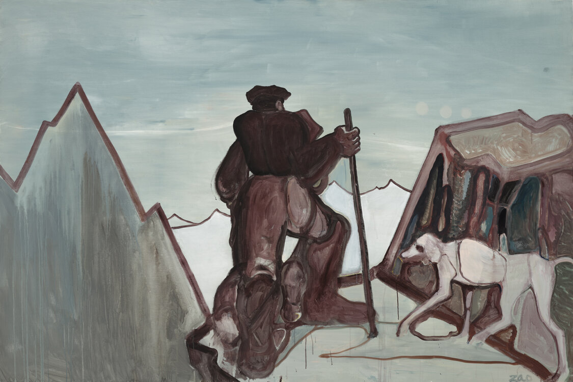 Oil and acrylic painting of a figure on a horse looking out over mountain ranges with his dog.