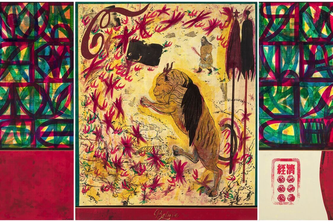 Mixed media painting featuring a lion and a Chinese stamp.