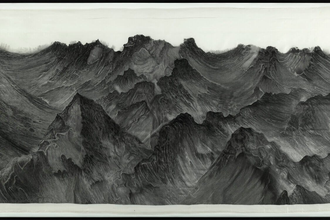 Chinese silk embroidery of cresting waves resembling a mountainous landscape.