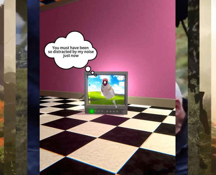 A tvV with an image of a bird on it, in a room with pink walls and black and white checkered floors.