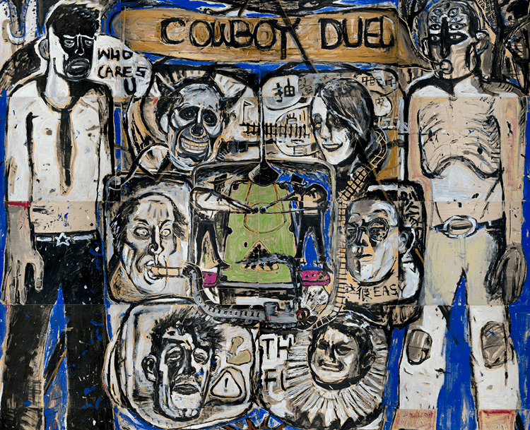 An abstract painting in a grafiti style, featuring cowboy figures, a blue background and a banner that says 'Cowboy Duel'.