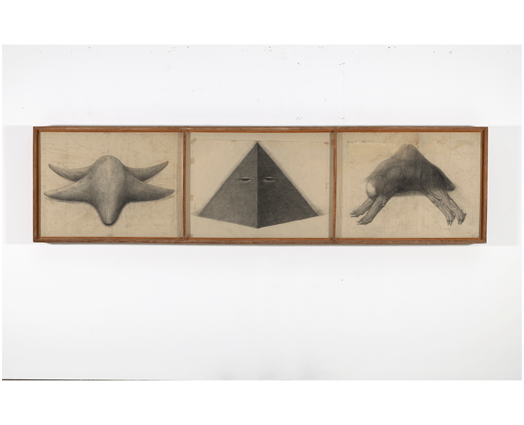 An artwork in a frame split into three sections. The left and right panels have strange creatures and the middle panel has a pyramid. They are all drawn with pencil on paper.