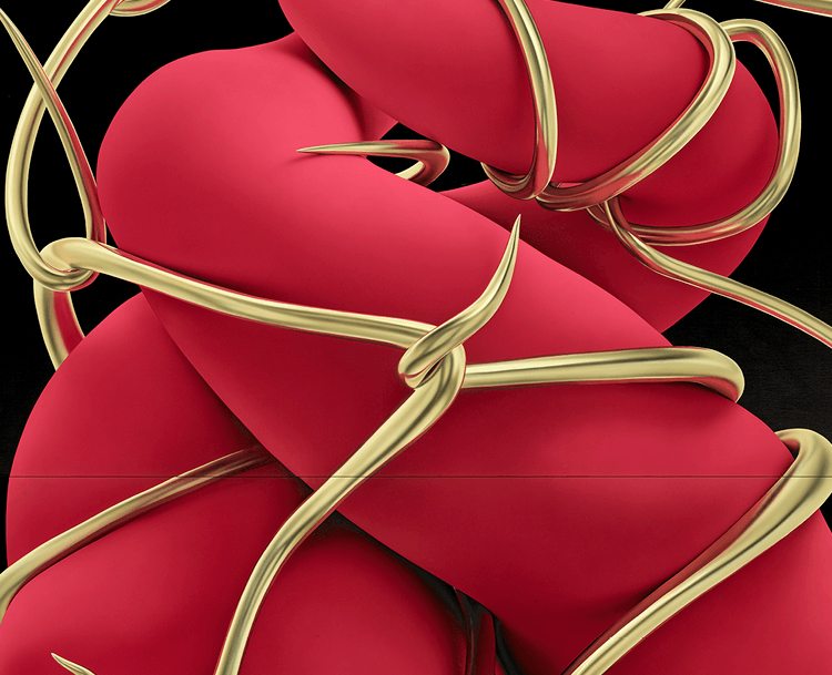 Acrylic painting of a red soft form, wrapped in gold wire, sitting on top a black background.