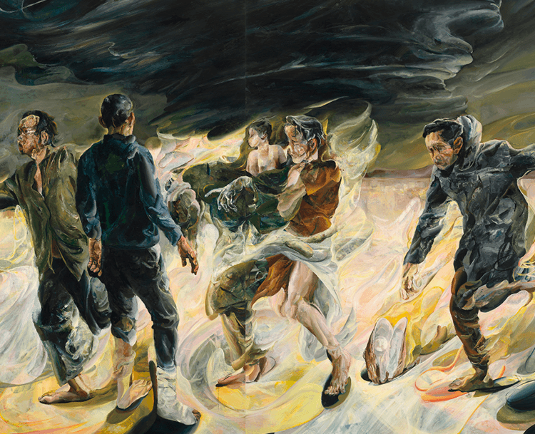 An expressive painting of 6 figures moving in a dynamic atmosphere.