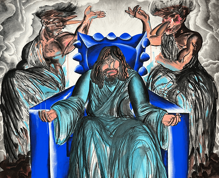 Acrylic and charcoal artwork of a Christ like figure on a blue chair with two figures standing on either side.