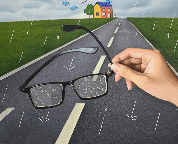 OIl painting of a hand holding a pair of glasses in front of a road on a rainy day.