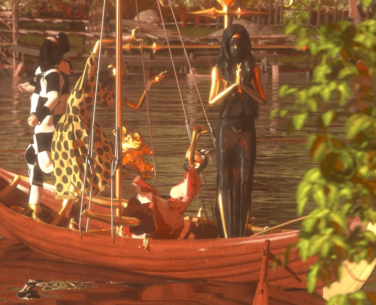 An animation with a yellow tinge of strange figures on a sailboat on a river.