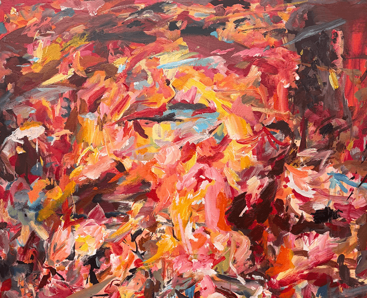 Abstract red and yellow, firery oil painting.