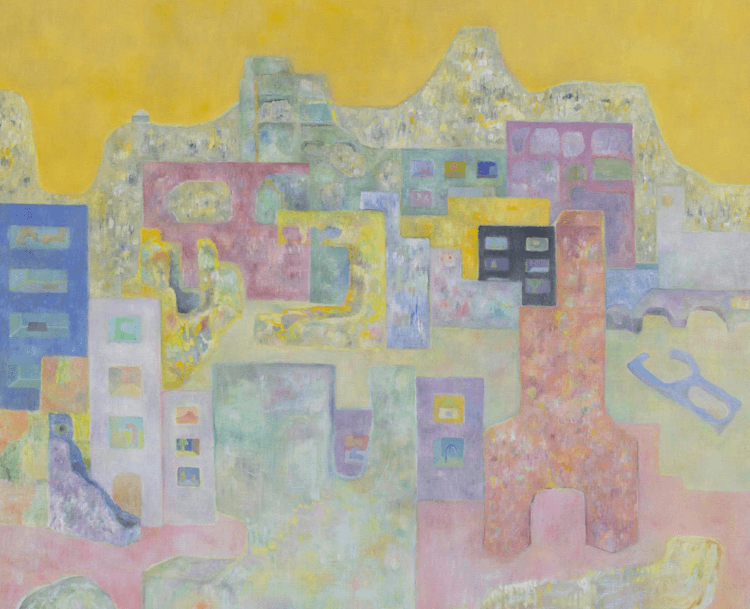 Abstract cityscape painted in yellows, pinks and blues.