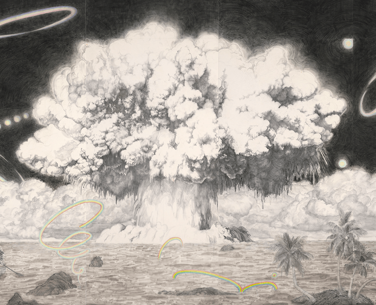 Ink and acrylic painting in black and white of a large explosion.