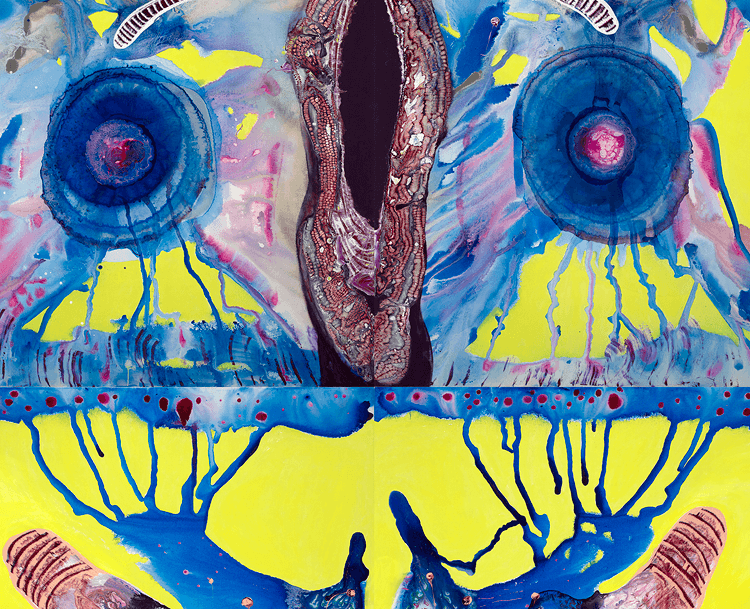 Large abstract painting in neon yellow and blue